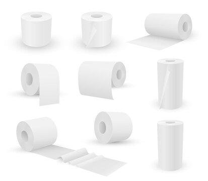 Toilet paper and towel rolls in different positions white realistic set. Bath tissue assortment.