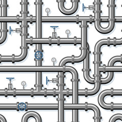 Pipeline seamless pattern. Branching and intertwining pipes with taps and manometers. Realistic vector illustration in flat style.
