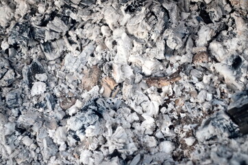 Coals in an extinct fire. Natural gray background. Coal and ash in a burnt fire