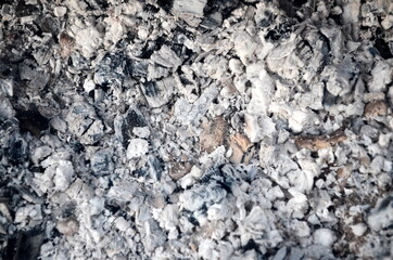 Coals in an extinct fire. Natural gray background. Coal and ash in a burnt fire