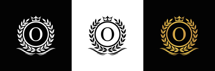 Golden Letter O laurel wreath template logo Luxury gold letter with crown. Monogram alphabet . Beautiful royal initials letter.	