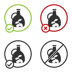 Black Bottle of olive oil icon isolated on white background. Jug with olive oil icon. Circle button. Vector.