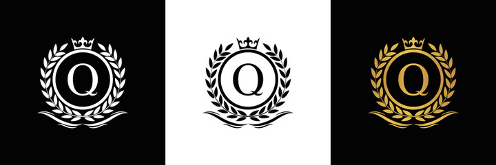 Golden Letter Q laurel wreath template logo Luxury gold letter with crown. Monogram alphabet . Beautiful royal initials letter.	