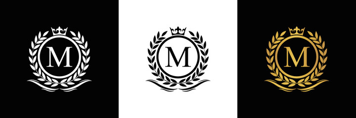 Golden Letter M laurel wreath template logo Luxury gold letter with crown. Monogram alphabet . Beautiful royal initials letter.	 - obrazy, fototapety, plakaty