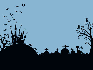 Fototapeta na wymiar silhouette of dark castle and cat. Website spooky or banner template. vector