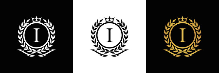 Golden Letter I laurel wreath template logo Luxury gold letter with crown. Monogram alphabet . Beautiful royal initials letter.	