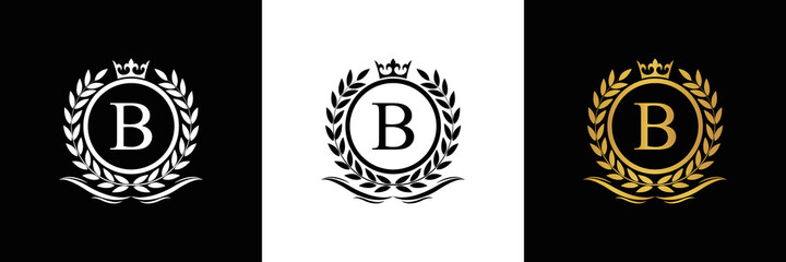 Golden Letter B laurel wreath template logo Luxury gold letter with crown. Monogram alphabet . Beautiful royal initials letter.	