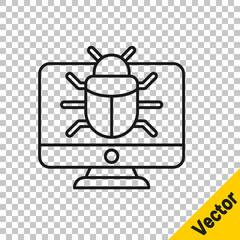 Black line System bug on monitor icon isolated on transparent background. Code bug concept. Bug in the system. Bug searching. Vector.