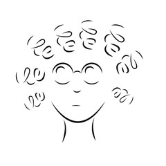 Isolated black head of a girl with curly hair and glasses. Outline of a cute and geek female for logo, icon, banner and web. Vector illustration of a woman's face.