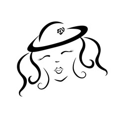 Black outline of a girl in a hat. Woman head for logo, icon, banners, web. Elegant vector illustration of female face.