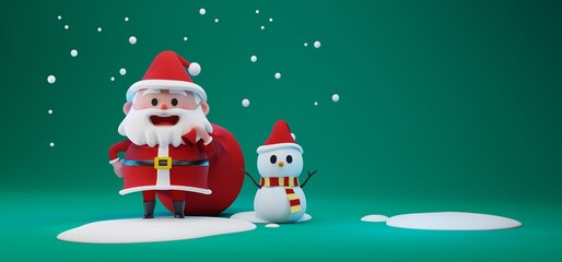 3D rendering concept illustration of Santa Claus character carrying giant red bag standing with a  snowman