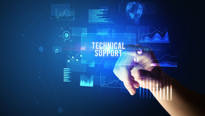 Hand touching TECHNICAL SUPPORT inscription, new business technology concept