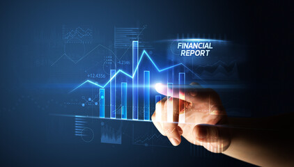Hand touching FINANCIAL REPORT button, business concept
