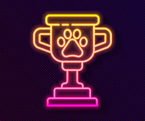 Glowing neon line Pet award symbol icon isolated on black background. Medal with dog footprint as pets exhibition winner concept. Vector.