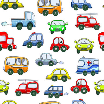 Vector seamless pattern with classic vintage cars, roads, trees on white background. Design for use in textiles, fabrics, publications, wrapping paper, wallpaper, packaging. Cute kids illustration