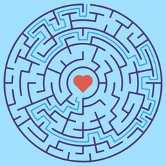 Circular maze with way from center to exit on turquoise blue background. Problem, confusion and solution concept. Flat design.