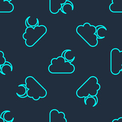 Green line Cloud with moon icon isolated seamless pattern on blue background. Cloudy night sign. Sleep dreams symbol. Night or bed time sign. Vector.