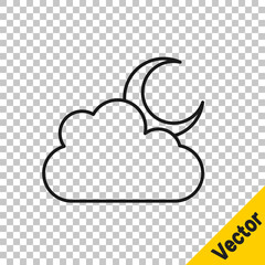 Black line Cloud with moon icon isolated on transparent background. Cloudy night sign. Sleep dreams symbol. Night or bed time sign. Vector.