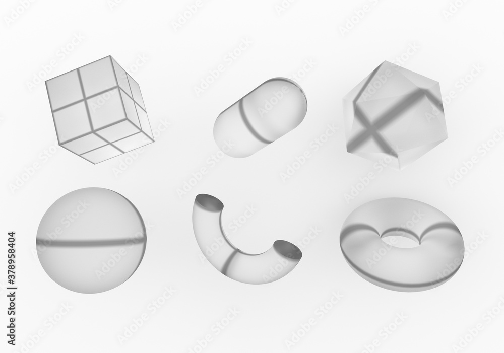Poster Set of 3d render realistic primitives on white background. Isolated graphic elements: sphere, torus, cube, icosahedron and other geometric shapes for trendy designs.