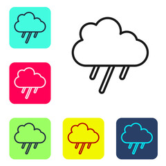 Black line Cloud with rain icon isolated on white background. Rain cloud precipitation with rain drops. Set icons in color square buttons. Vector.