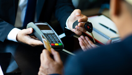Customer making buy new by credit card to payment credit card swipe machine. Online payment.