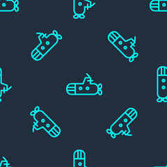 Green line Submarine icon isolated seamless pattern on blue background. Military ship. Vector.