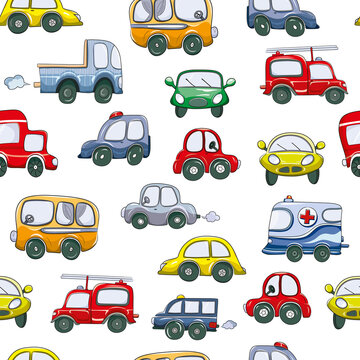 Vector seamless pattern with classic vintage cars on white background. Design for use in textiles, fabrics, publications, wrapping paper, wallpaper, packaging. Cute kids illustration