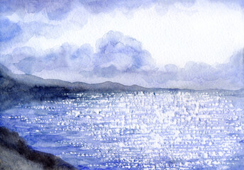 The sky over the sea. Watercolor landscape