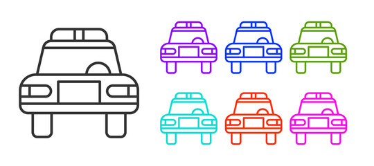 Black line Police car and police flasher icon isolated on white background. Emergency flashing siren. Set icons colorful. Vector.