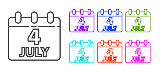 Black line Day calendar with date July 4 icon isolated on white background. USA Independence Day. 4th of July. Set icons colorful. Vector.