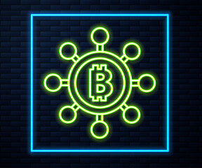 Glowing neon line Blockchain technology Bitcoin icon isolated on brick wall background. Abstract geometric block chain network technology business. Vector.