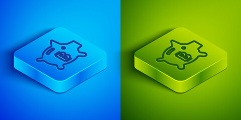 Isometric line Piggy bank bitcoin icon isolated on blue and green background. Icon saving or accumulation of money, investment. Square button. Vector.