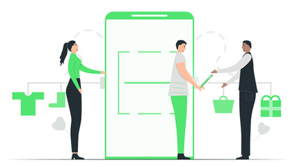 People pay money to buy items in e-payment application. They can choose everything and buy them by smartphone. This minimal illustrator was designed by using green tone color.