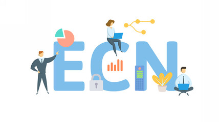 ECN, Electronic Communication Network. Concept with keyword, people and icons. Flat vector illustration. Isolated on white.