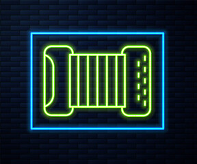 Glowing neon line Musical instrument accordion icon isolated on brick wall background. Classical bayan, harmonic. Vector.