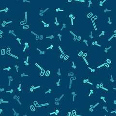 Fototapeta na wymiar Green line Ice hockey stick and puck icon isolated seamless pattern on blue background. Vector.