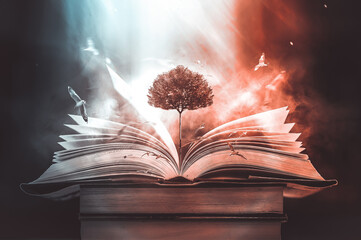 Education concept with tree of knowledge planting on opening big book and blurred bookshelf...