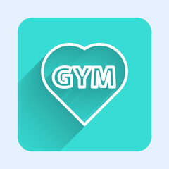 White line Fitness gym heart icon isolated with long shadow. I love fitness. Green square button. Vector.