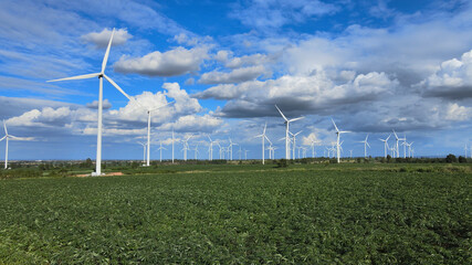 Aerial view of wind turbines in the fields