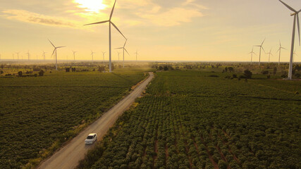 Road in green field with wind turbines and sunset backgrounds