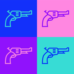 Pop art line Revolver gun icon isolated on color background. Vector.