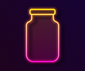 Glowing neon line Glass jar with screw-cap icon isolated on black background. Vector.