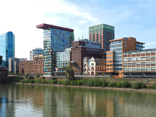 Beautiful architecture at the media harbor with a mix of old and modern buildings in Duesseldorf