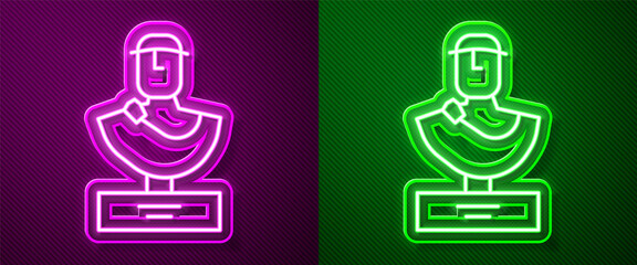 Glowing neon line Ancient bust sculpture icon isolated on purple and green background. Vector.