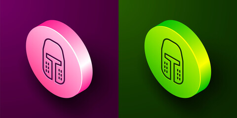 Isometric line Medieval iron helmet for head protection icon isolated on purple and green background. Circle button. Vector.