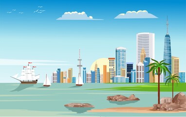 Modern urban city buildings on the ocean coast, yachts, clouds all reflected on the water,