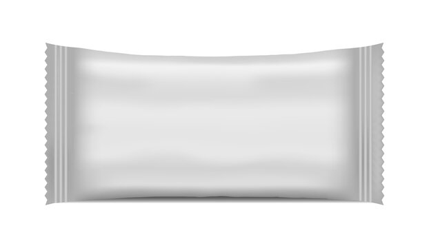 Realistic flow pack mockup. Front view. Pack of wet wipes. Product wrap mockup. Stock vector illustration on white isolated background.