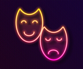 Glowing neon line Comedy and tragedy theatrical masks icon isolated on black background. Vector.