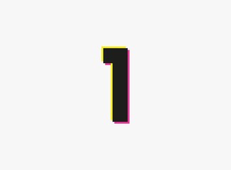 Number 1 vector desing logo. Dynamic, split-color, shadow of  number pink and yellow on white background. For social media,design elements, creative poster, anniversary celebration, greeting and web