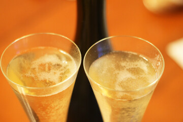 Bottle of shampagne and a pair glasses